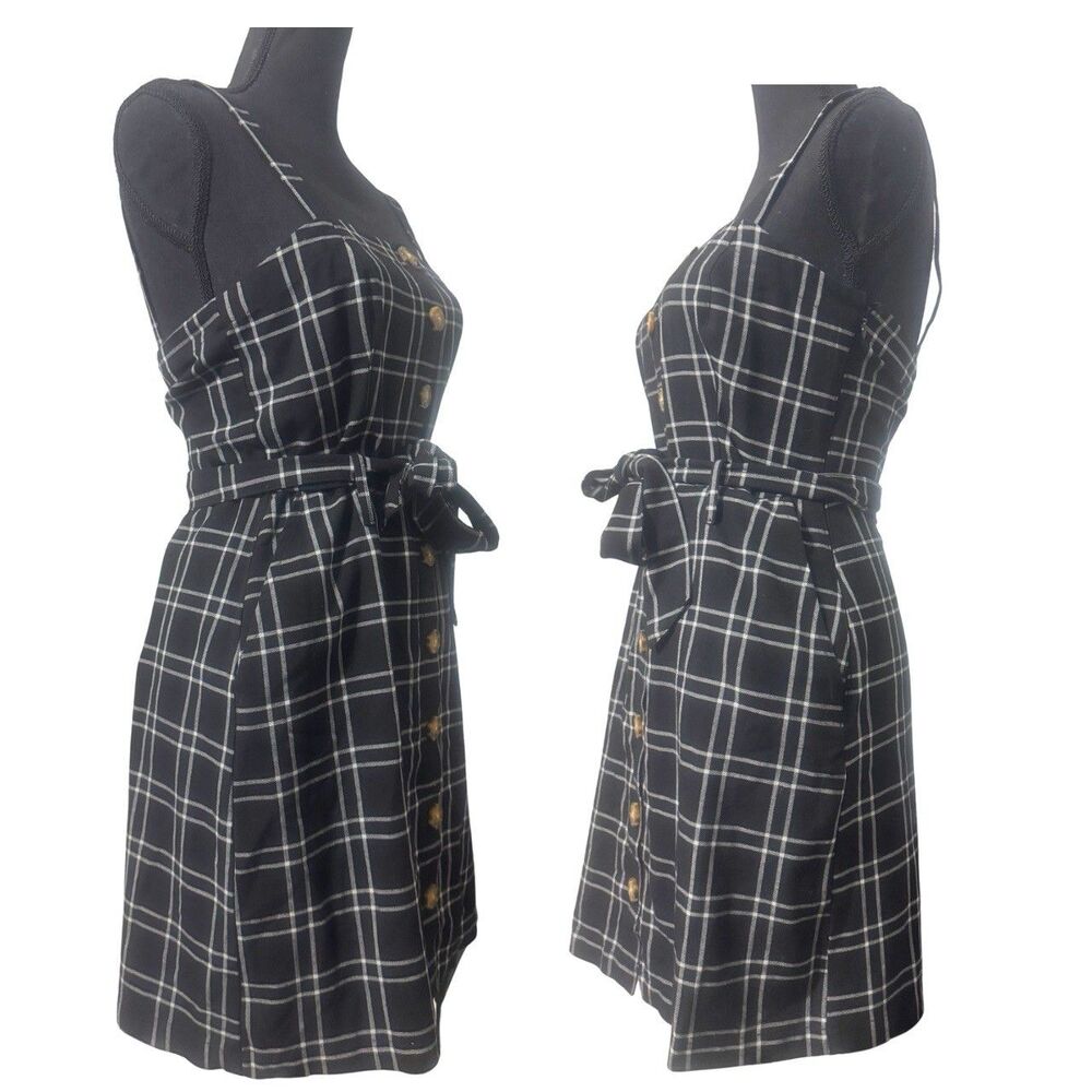 Black & White Plaid Academia Preppy Cottagecore Button Front Mini Dress Size S - Picture 4 of 7